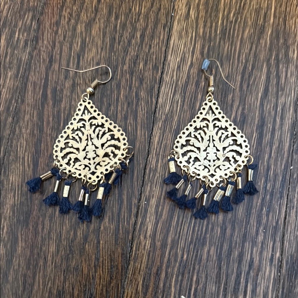 Elegant Gold and Navy Tassel Earrings